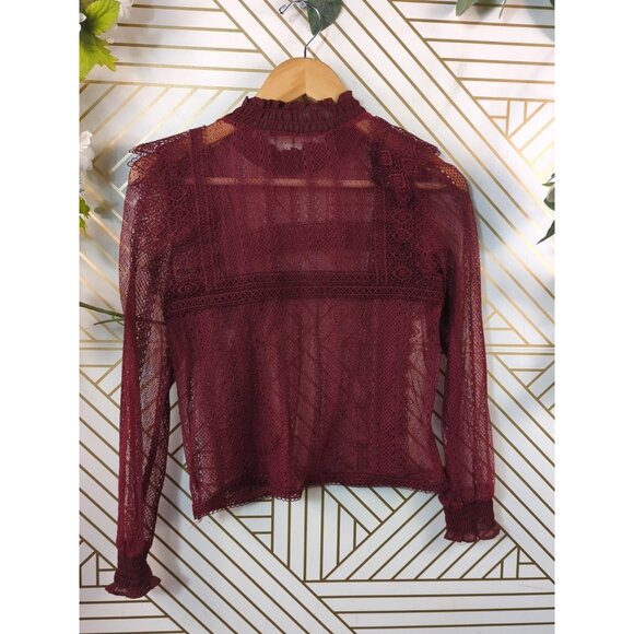 ZARA Women's Burgundy ROMANTIC Lace Sheer High Neck Top Long Sleeve Blouse Sz XS - Picture 7 of 7